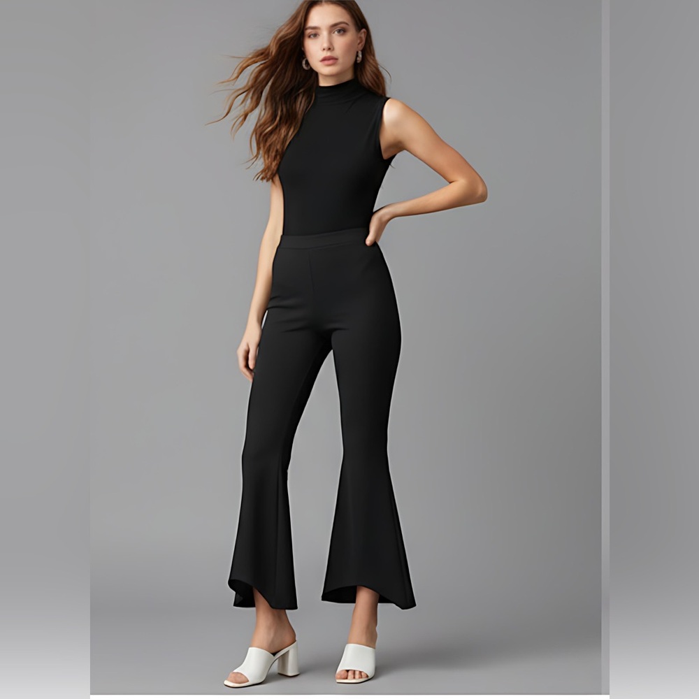 Black Ruffle Hem Flare Leg Pants